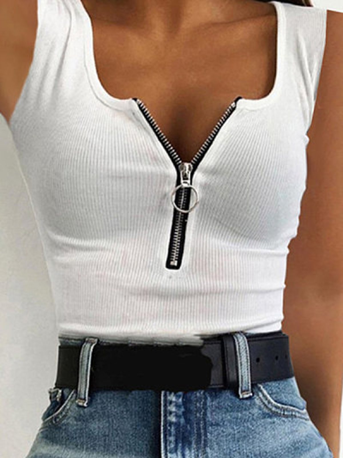 White Sleeveless Solid U-Neck Tanks & Camis - Noracora