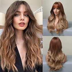 Brown Wigs for Women Long Straight layered Wig with Bangs Highlight Colour Heat Resistant Fiber Synthetic Wigs Daily Natural looking Lightinthebox