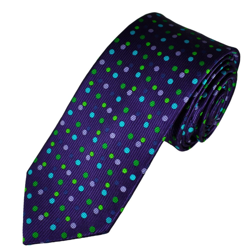 Tresanti Reale Purple, Lilac, Turquoise Green & Navy Polka Dot Silk Designer Tie