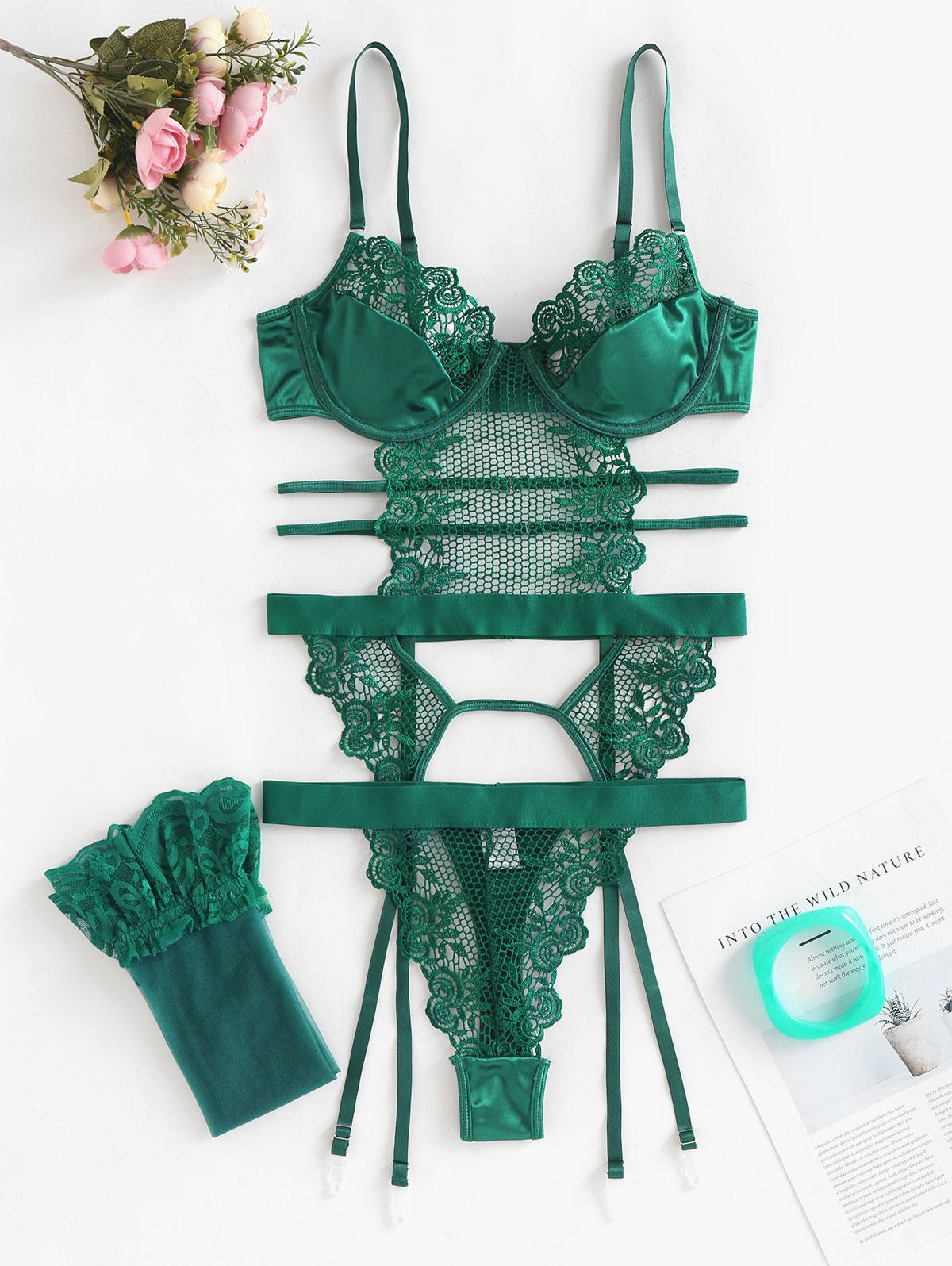 3 PCS Underwire Lace Trim Openwork Strappy Garter Lingerie Bustier Set(Include Mesh Thigh High Stockings) M Green