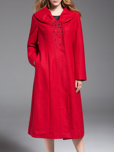 Red Long Sleeve Wool Pockets H-line Polyester Coat