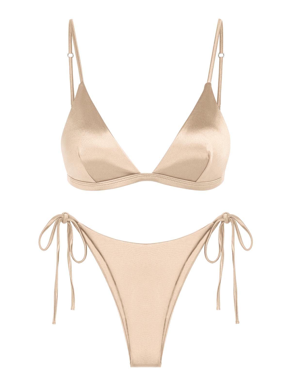 Shiny Silky Tie Side Tanga Swimwear Bikini Set L Light coffee