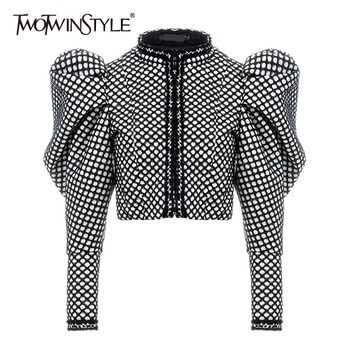 TWOTWINSTYLE Ruched Plaid Coat For Women O Neck Puff Sleeve Short Female Coat Streetwear Autumn Fashion New Clothing 2019