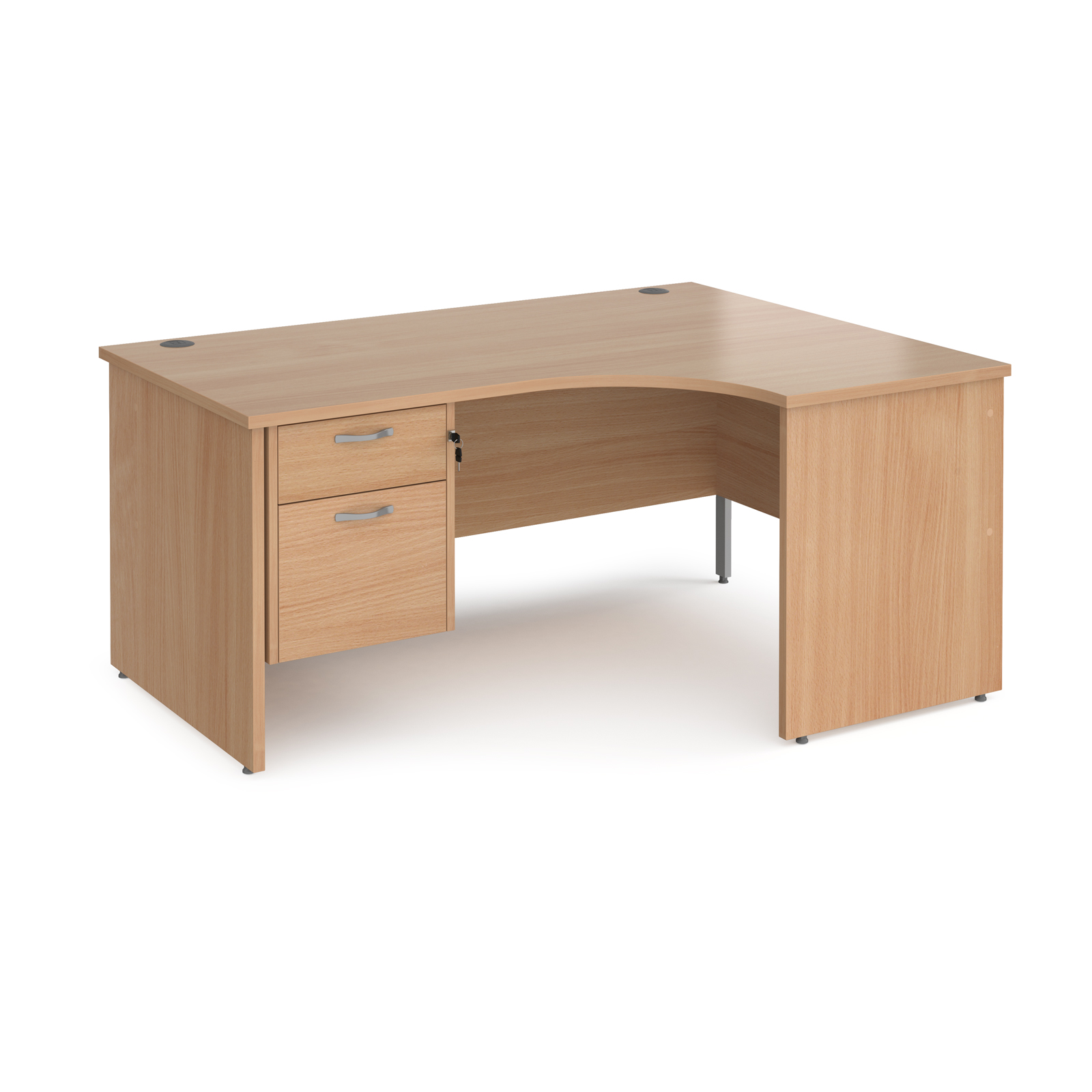 Maestro 25 right hand ergonomic desk 1600mm wide with 2 drawer pedestal - beech top with panel end leg