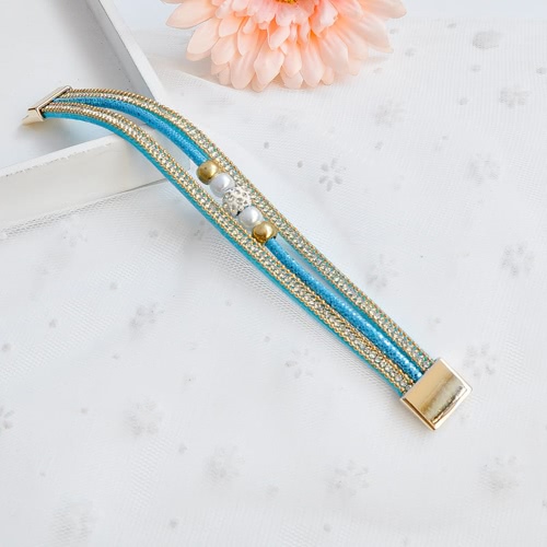 Fashion Women Multi-layer Bangle Bracelet Crystal Beaded Leather Magnetic Unisex Type Wristband
