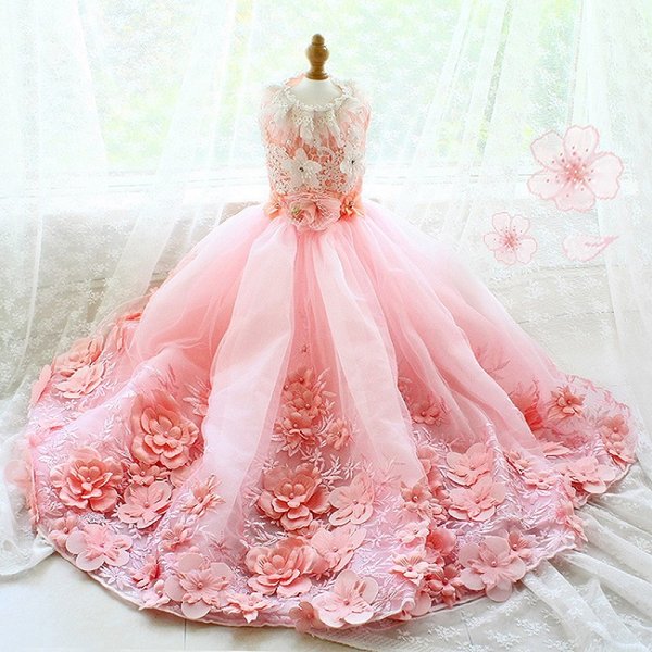 Handmade Luxurious Dog Apparel Clothes Wedding Gown Trailing Princess Dress Pink Evening Party 3D Flower Embroidery Skirt