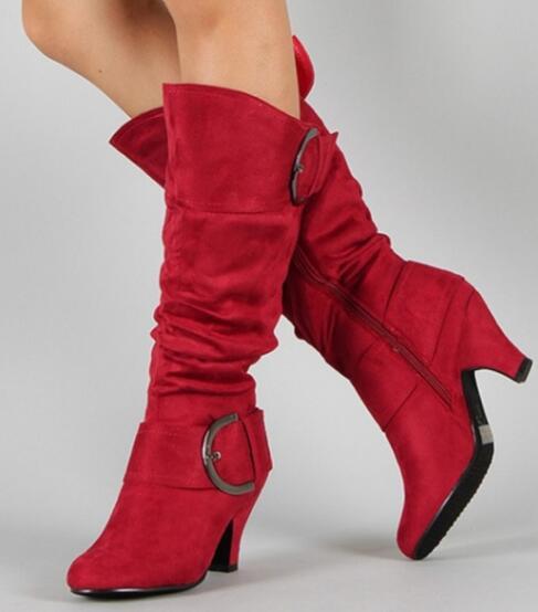 Knee High Boots Women Autumn Faux Suede Buckle Fashion Spike Heels Woman Shoes Winter Hot Sale