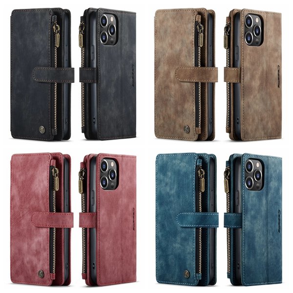 CaseMe Multifunction Leather Wallet Cases For Iphone 14 13 Pro MAX 12 Mini 11 XS XR X 8 7 Plus 6 Zipper Holder Flip Cover Magnetic Business Men Book Pouch