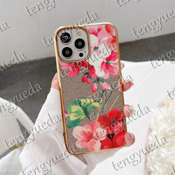 Fashion Designer Geranium Flower Leather Phone Cases for iPhone 14 14pro 14plus 13 12 mini 11 pro max XR Xsmax Luxury Electroplated Frame Cellphone Cover with box