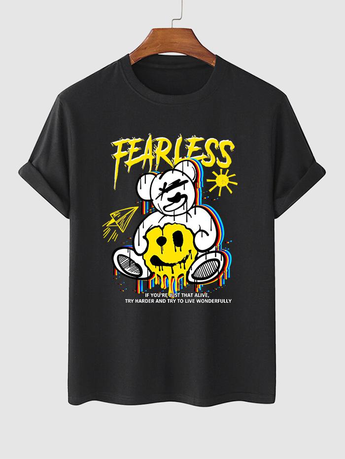ZAFUL Men's Cartoon Bear FEARLESS Graphic Pattern Short Sleeves T-shirt S Black