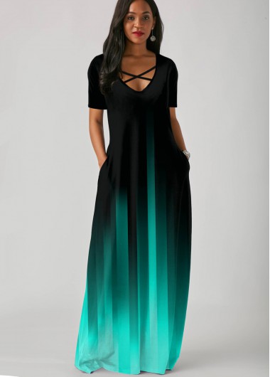 Mint Green Gradient Side Pocket Short Sleeve Maxi Dress