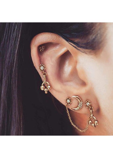 Gold Metal Moon Shape Rhinestone Embellished Earrings