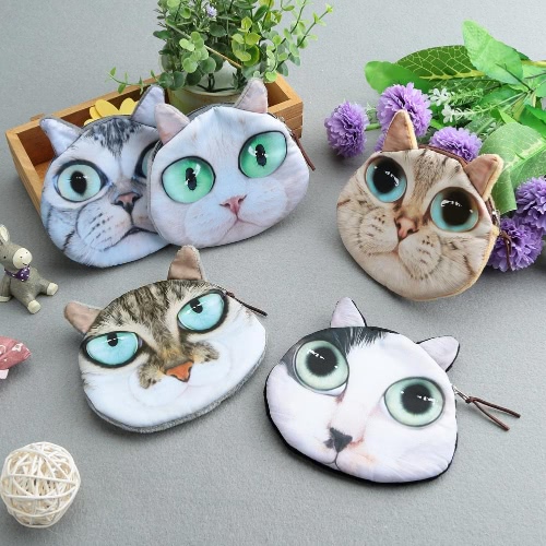 Cute Fashion Women Mini Coin Purse Wallet Cat Animal Head Print Zipper Closure Small Clutch Bag