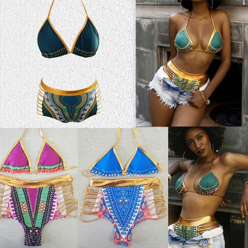 New Sexy Women Bikini Set Halter Neck Geometric Print High Waist Cutout Swimwear Two Pieces