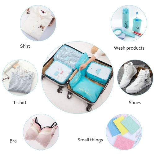 6pcs/set Lightweight Luggage Travel Bags Men and Women Packing Cubes Organizer Compression Pouches  Fashion Double Zipper Waterproof Polyester Bag Suitcase (light blue)
