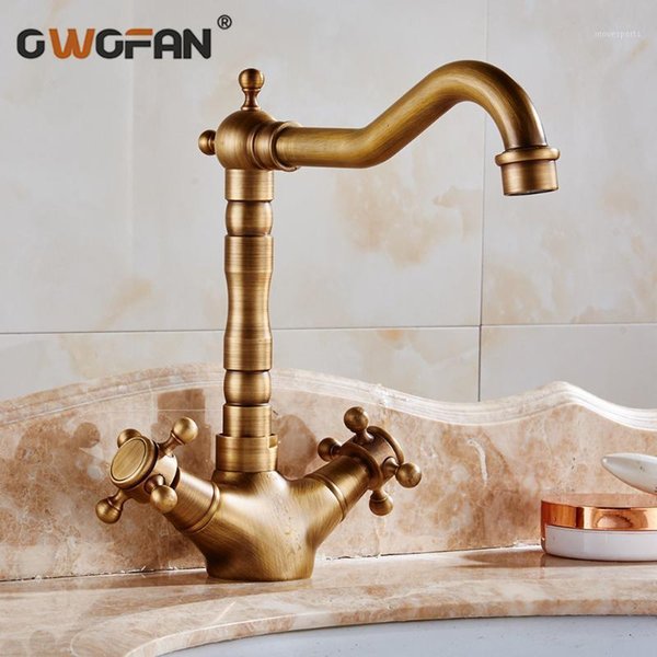 Bathroom Sink Faucets Antique Solid Bronze Basin Faucet Deck Mounted Dual Handle Taps Classic Home Decoration Mixer Water HJ-6711F1