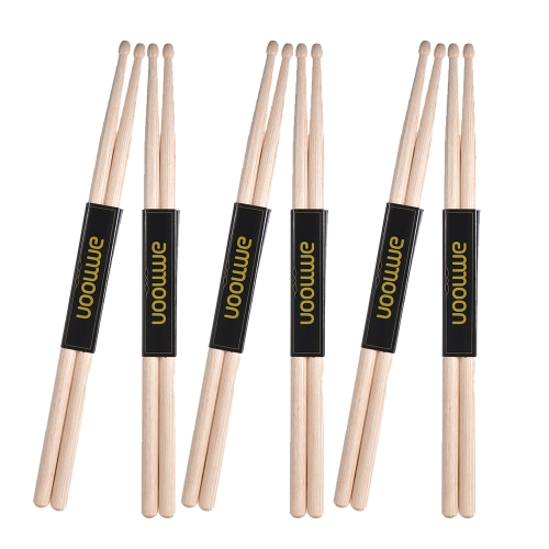 ammoon 6 Pair of 7A Wooden Drumsticks Drum Sticks Maple Wood Drum Set Accessories