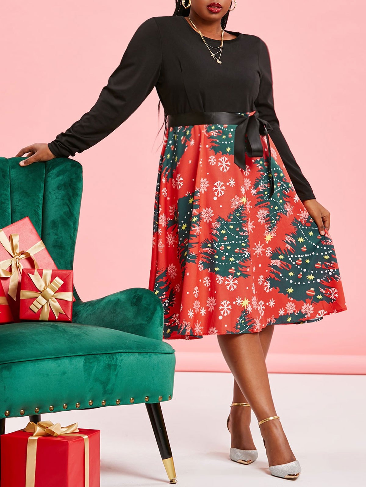Plus Size Christmas Tree Print Fit and Flare Dress