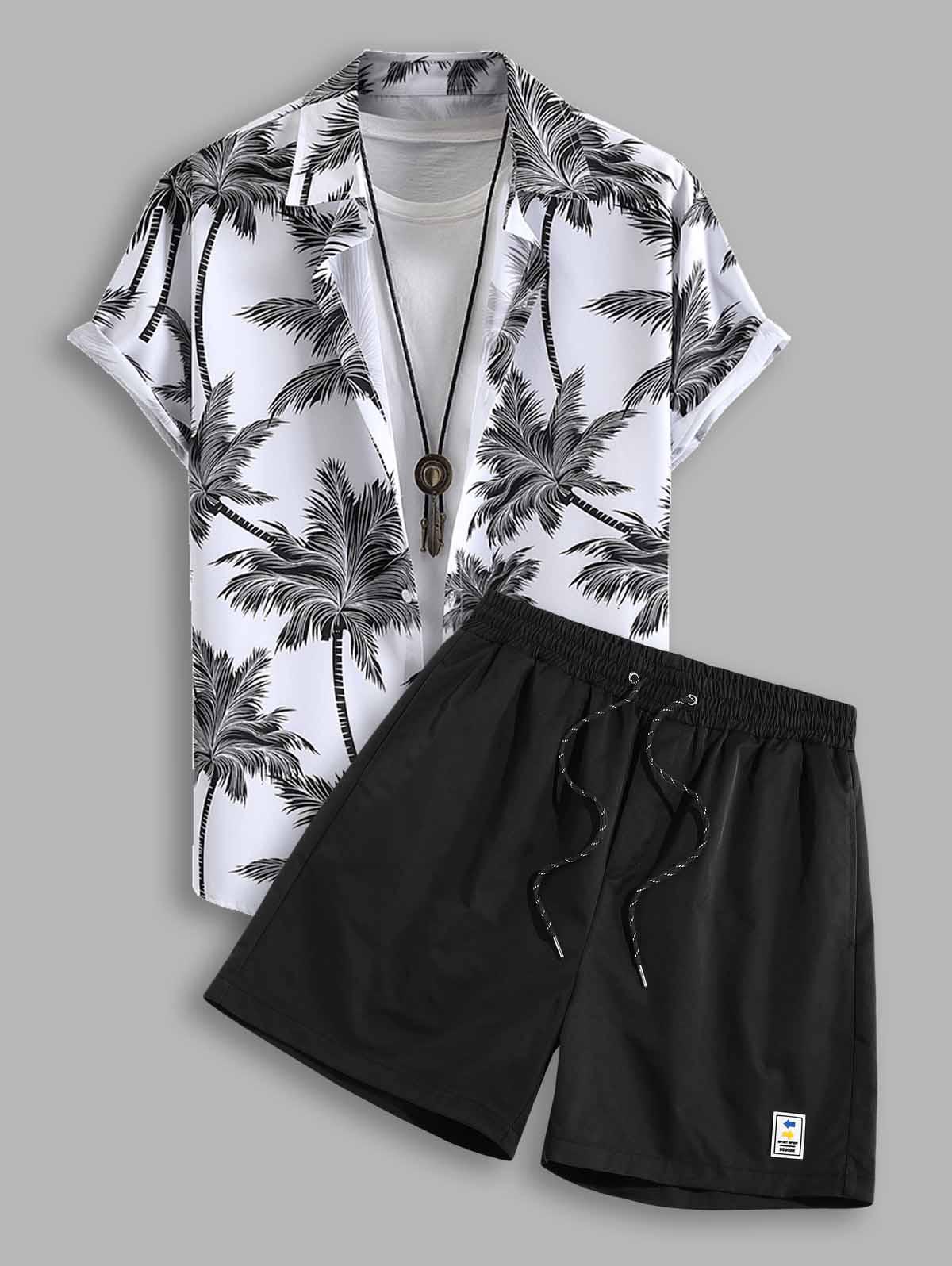 ZAFUL Men's Tropical Coconut Tree Print Short Sleeve Shirt and Label Design Drawstring Shorts Two Pieces Set Black