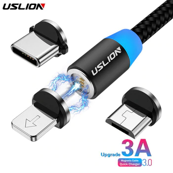 USLION 3A Fast Charging Magnetic USB Cable Type C Micro Cable LED Nylon Braided Type-C Magnet Charger For Iphone XS 7 Samsung 1M
