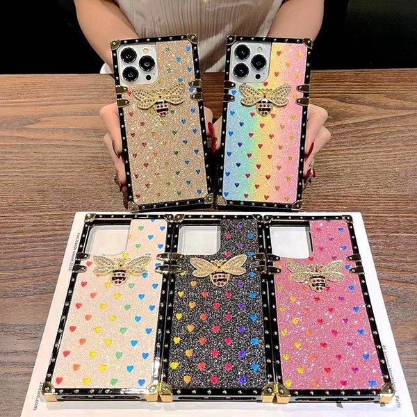 Luxury Glitter bee Designer 14Plus Phone Cases For iPhone 11 12 13 14 Pro Max Xs Xr 8 7 Plus Women Gradient Diamond love Case shockproof defender