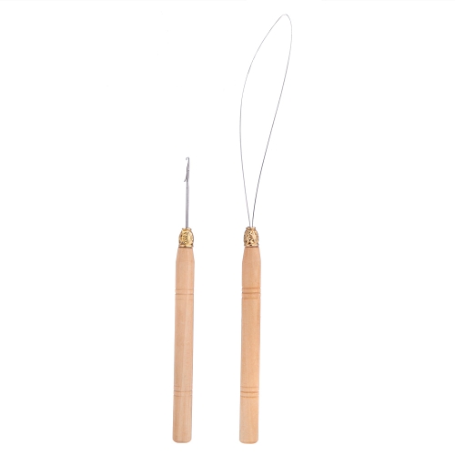 Fashion 2Pcs Hair Extension Hook Pulling Tool Needle Threader Micro Ring Beads Loop Wooden Handle With Iron Wire Hotting