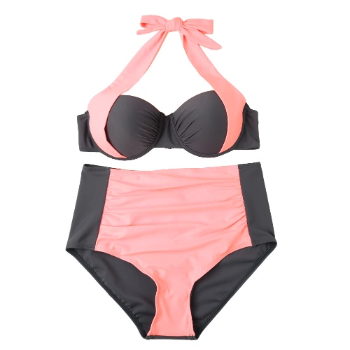 Sexy Women Bikini Set Contrast Color Block Underwire Halter Top High Waist Bottom Beach Swimwear Swimsuit Bathing Suit