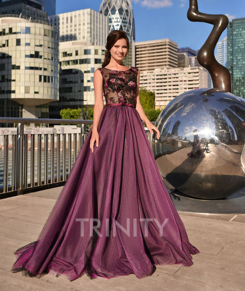 Excellent Plum/Black Tulle Scoop Applique Evening Dresses Special Occasion Party Dresses Prom Dresses Homecoming Custom Size 2-18 KF1221288