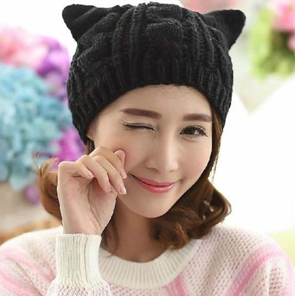 Beanies Cute Cat Knitted Hat Beanie With Ear Women Lovely Warm Winter Casual Knit Ladies Black Caps Kawaii Female Skullies