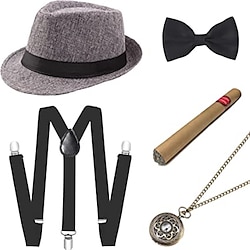 1920s Roaring Retro Men Costume Accessories Set Gangster Hat Fedora Hat Bow Tie Pocket Watch Suspender 5 Pcs Lightinthebox