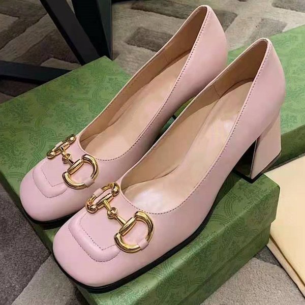 Women Leather Mid-heel Pump Dress Shoes Square Shaped Toe Office Shoe Designer Lady Letter Printed Sculpted Block Heel Rubber Sole