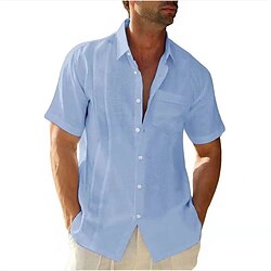 Men's Linen Shirt Summer Shirt Guayabera Shirt Turndown Spring  Summer Short Sleeve Black White Blue Plain Street Daily Clothing Apparel Button-Down miniinthebox