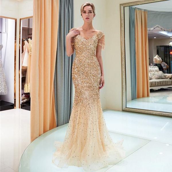 2023 Luxury Gold Evening Dresses Lace Crystal Beads Sequin Sweep Train Formal mermaid Bridal Pageant Prom Gowns Custom Made