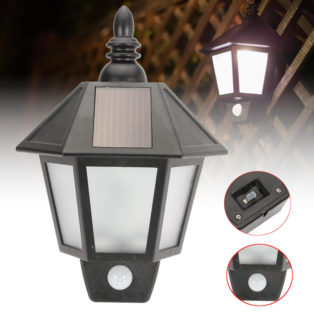 Solar Powered PIR Motion Sensor Wall Lamp Outdoor Patio Garden Lantern Lamp