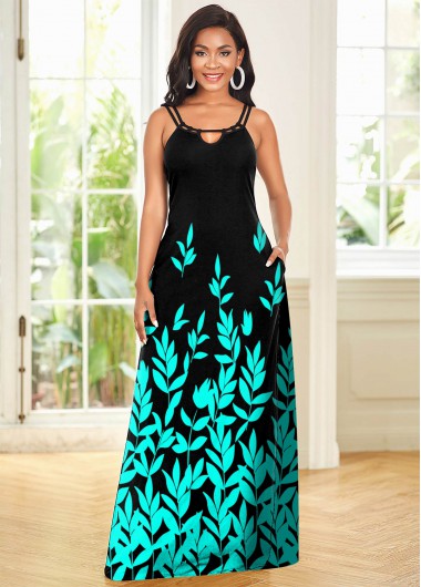 Leaf Print Double Straps Maxi Dress