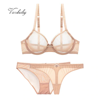 Varsbaby ultra-thin cup mesh lace underwear transparent unlined 1 bra+2 panties bra set for ladies