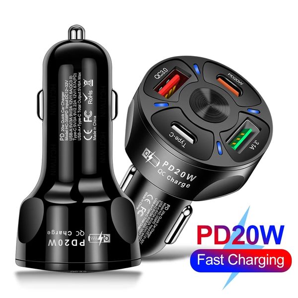 USB Type-C PD 20W Car Charger 4 Ports Dual Auto Quick Fast Charging for Mobile Phone Car Portable Accessories