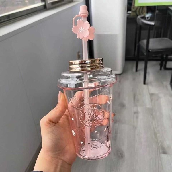 Large Capacity Limited Edition Starbucks Mug Gradient Cherry Blossom Glass Original Cup with Cute Straw