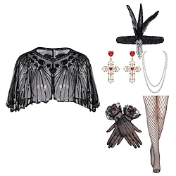 6 Pcs 1920s Flapper Costume Accessories Women's Shawl Wraps Feather Headpiece Necklace Fishnet Tights Gloves Earrings Retro Vintage Roaring 20s Lightinthebox