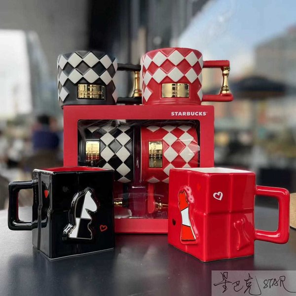 Starbucks couple cup 355ml King Queen chessboard style mark pair cup wedding gift coffee cup