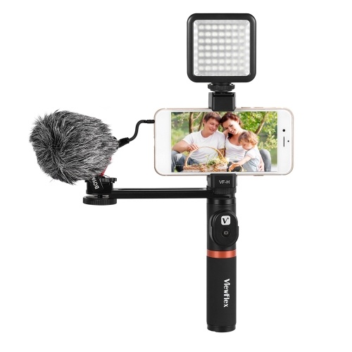 Smartphone Rig Hand Grip con control remoto BT + Mini Microphone + Dimmable LED Light para iPhone 6s plus para Samsung Galaxy S8 + S8 Note 3 Huawei