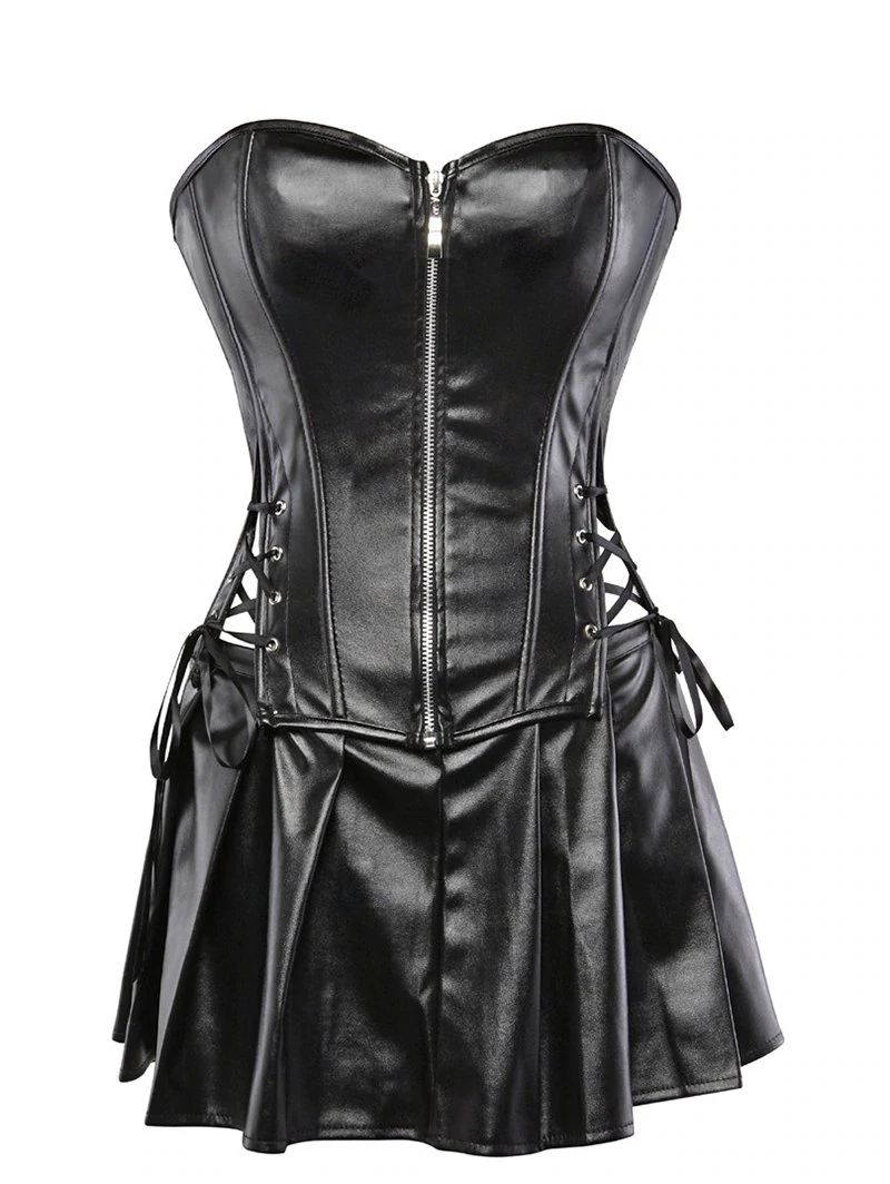 Lace Up Pleated Faux Leather Corset Set
