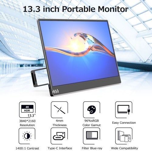 13.3 pouces Portable moniteur IPS écran 3840*2160 résolution avec support pliable intégré large compatibilité noir US Plug