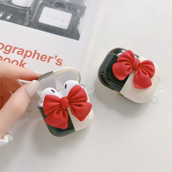 3D Red Bowknot Black White Contrast Color Earphone Cases for AirPods 1 2 3 Pro Hard Cover for Girls Women kawaii Charging Box for Air pod Accessories