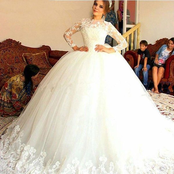 Luxury Princess Ball Gown Wedding Dresses 2022 Long Sleeve Lace Appliques Arabic Elegant Bridal Gowns Vestido de noiva
