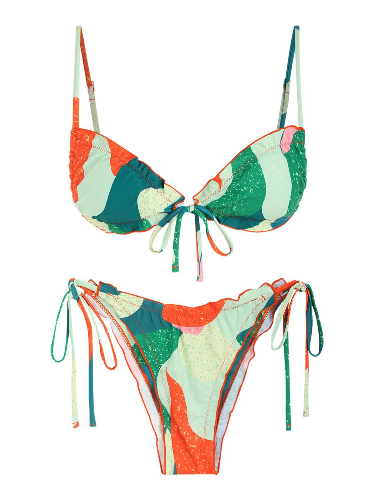ZAFUL Frilled Tie Side Colorblock Printed Bikini Swimwear S Multi a