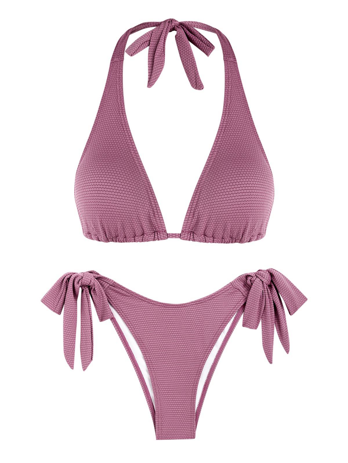 ZAFUL Halter Tie Side Textured Bikini Swimwear S Light purple