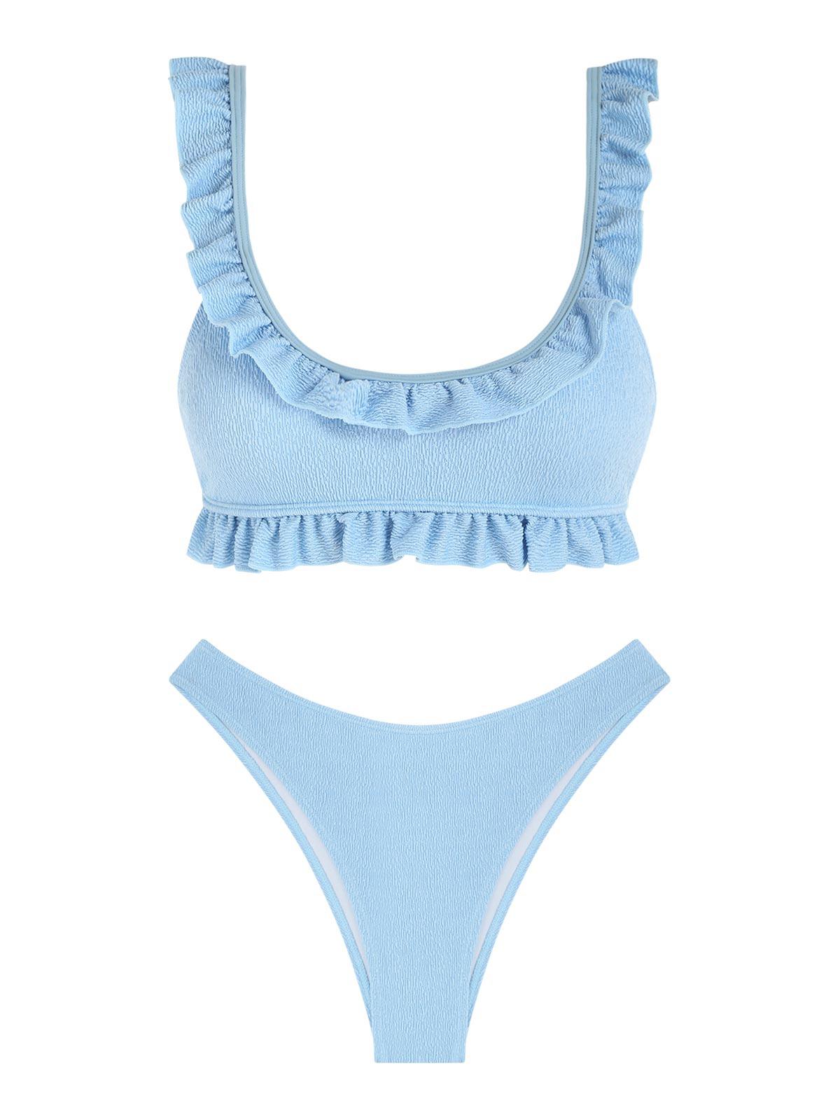 ZAFUL Crinkle Ruffle Cheeky Bikini Swimwear S Light blue