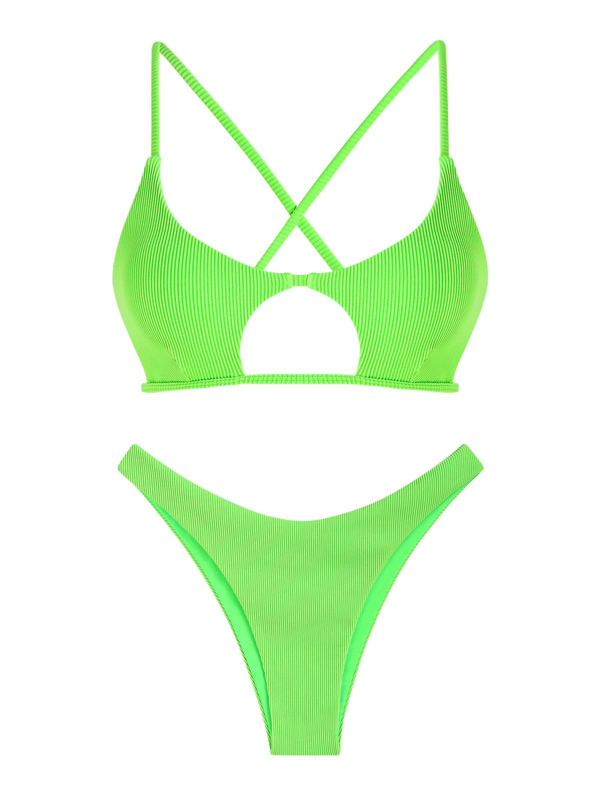 ZAFUL Textured Criss Cross Star Shaped Cheeky Bikini Swimwear M Green