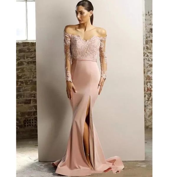 Sexy Side Split Mermaid Evening Dresses Lace Applique Off Shoulder Long Sleeves Prom Dress Long Arabic Party Gowns